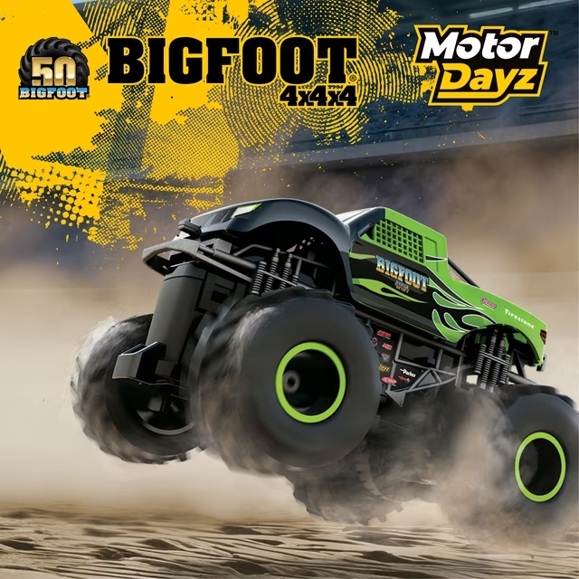 Motor Dayz 143 Scale RC Bigfoot Green Flames Monster Truck with LED Lights, 2.4GHz Wireless, Ages 4+ - Image 4