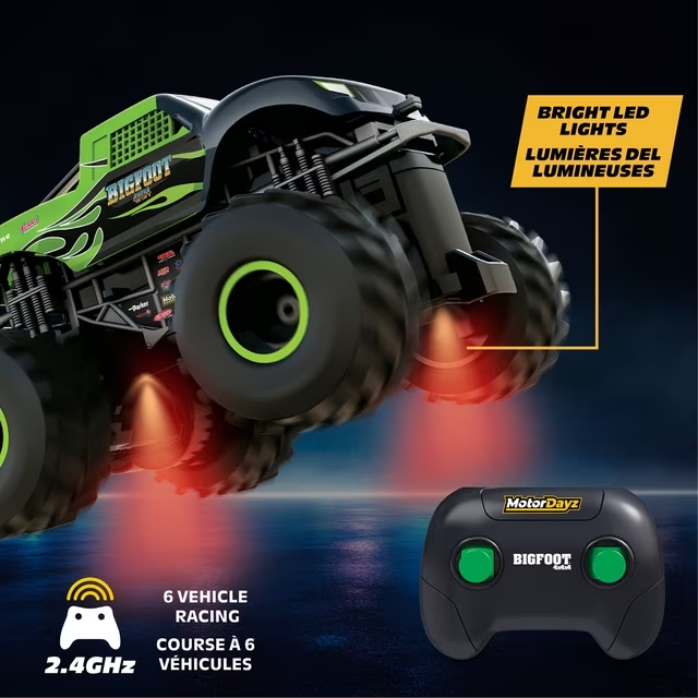 Motor Dayz 143 Scale RC Bigfoot Green Flames Monster Truck with LED Lights, 2.4GHz Wireless, Ages 4+ - Image 5